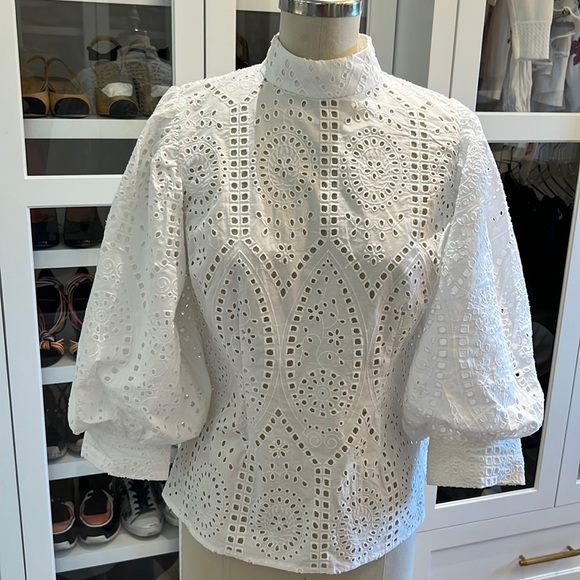 Ganni- White Eyelet Embroidery With Billowy Sleeve Shirt - Picture 3 of 7
